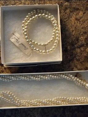 Pearl Bead Necklace and Bracelet Set - Faux Pearl White
